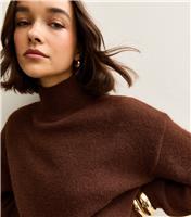 Women's Dark Brown Longline High Neck Jumper New Look