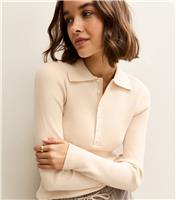 Women's Cream Button Front Ribbed Polo Top New Look