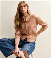 Women's Camel Floral Midweight Crewneck Cardigan New Look
