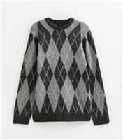Men's Grey Argyle Knit Crew Neck Jumper New Look