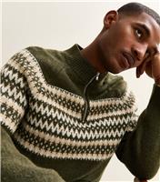 Men's Green Regular Quarter Zip Fairisle Pattern Jumper New Look