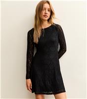 Women's Black Lace Long Sleeved Skater Mini Dress New Look