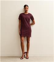 Women's Dark Burgundy Lace T Shirt Mini Dress New Look