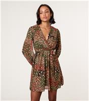 Women's Khaki Gold Foil Wrap Dress Blue Vanilla New Look