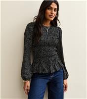Women's Black Speckled Shirred Long Sleeve Blouse New Look