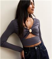 Women's Grey Ring Detail Cut Out Long Sleeve Top New Look