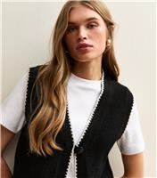 Women's Black and White Blanket Stitch Knit Waistcoat New Look