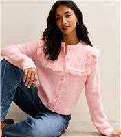 Women's Petite Pink Floral Design Frilly Trimmed Cardigan New Look