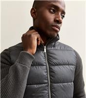 Men's Dark Grey Regular Knit Sleeve Puffer Jacket Only and Sons New Look
