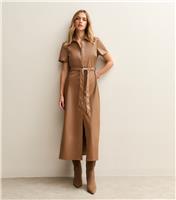 Women's Camel Faux Leather Belted Midi Shirt Dress New Look
