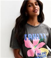 Women's Dark Grey Tahiti Floral Print Oversized T-Shirt New Look