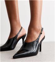 Women's Black High Vamp Faux Leather Slingback Heels New Look