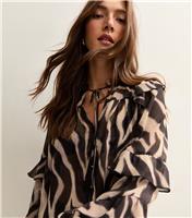 Women's Black Zebra Print Chiffon Frilly Trimmed Blouse New Look