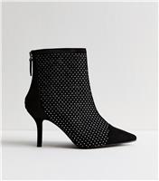 Women's Wide Fit Black Faux Suede Mesh Diamante Embellished Heeled Ankle Boots Vegan New Look