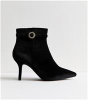 Women's Wide Fit Black Velvet Diamante Buckle Ankle Boots Vegan New Look