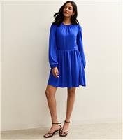Women's Blue Long Sleeve Skater Skirt Mini Dress New Look
