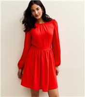 Women's Red Long Sleeve Skater Skirt Mini Dress New Look