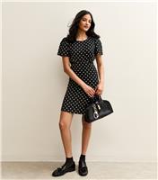 Women's Black Crinkled Jersey Spot Short Sleeve Mini Dress New Look