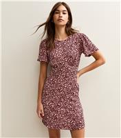 Women's Burgundy Floral Print Flutter Sleeve Crinkle Mini Dress New Look