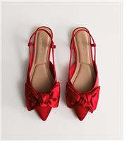 Women's Red Satin Bow Slingback Ballerina Pumps New Look