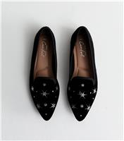 Women's Black Velvet Diamante Embellished Slipper Loafers New Look