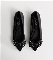 Women's Black Satin Diamante Embellished Bow Pumps Vegan New Look