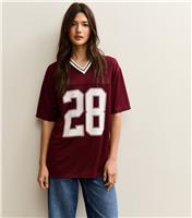 Women's Dark Burgundy 28 Print Football Style Top New Look