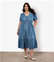 Women's Plus Size Blue Tiered Hem Denim Midi Dress Curves Apricot New Look