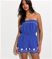 Women's Blue Embroidered Hem Beach Bandeau Playsuit New Look