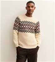 Men's Cream Regular Fairisle Fluffy Knit Crew Neck Jumper New Look