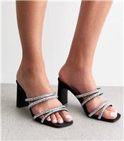 Women's Wide Fit Black Embellished Straps Block Heel Vegan New Look