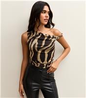 Women's Brown Mesh Zebra Print Fallen Shoulder Top New Look
