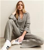 Women's Mid Grey Soft Touch Cable Knit Flared Trousers New Look