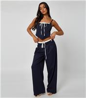 Women's Navy Pinstripe Tie Detail Trousers Urban Bliss New Look