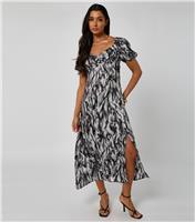 Women's Black Printed Knotted Front Slit Hem Midi Dress Urban Bliss New Look
