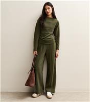 Women's Dark Khaki Soft Touch Front Seam Wide Leg Trousers New Look