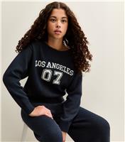 Girls' Navy Knitted Los Angeles 07 Slash Neck Jumper New Look