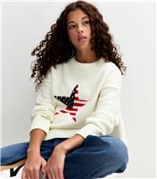 Girls' White American Flag Star Crew Neck Jumper New Look