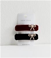 Pack Of 2 Black and Red Velvet Embellished Bow Hair Slides New Look