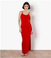 Women's Red Ribbed Slit Hem Maxi Dress Apricot New Look