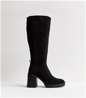 Women's Black Faux Suede Platform Knee High Boots Vegan New Look