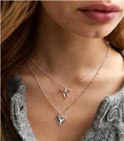Silver Tone 2 Layer Bow and Heart Pendant Necklace New Look
