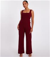 Women's Petite Dark Red Bow Back Square Neck Jumpsuit Quiz New Look