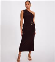 Women's Petite Dark Brown Buckle Detail One Shoulder Midi Dress Quiz New Look