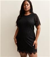 Women's Plus Size Black Lace T-Shirt Mini Dress Curves New Look