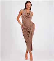 Women's Stone Satin Gathered Midi Dress Quiz New Look