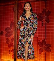 Women's Black Floral Print Slit Hem Midi Dress Yumi New Look