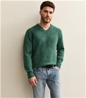 Men's Dark Green Regular Brushed V Neck Jumper Only and Sons New Look