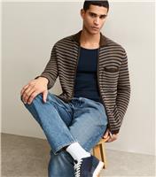 Men's Dark Brown Regular Striped Zip Up Cardigan Only and Sons New Look