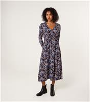 Women's Black Floral Print V-Neck Midi Dress Blue Vanilla New Look